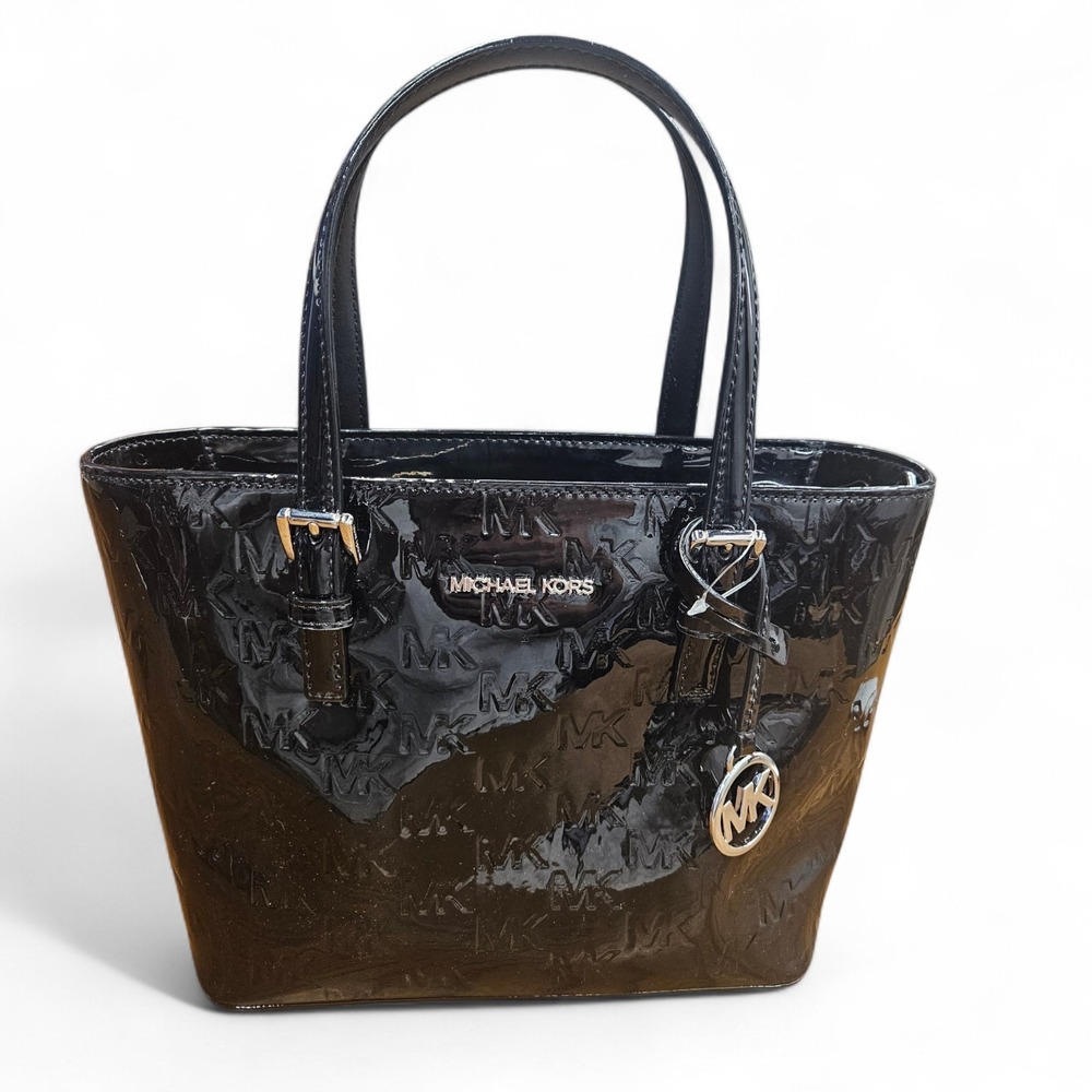 Michael Kors Jet Set Small Metallic Logo Debossed Convertible Tote‎ Bag Black